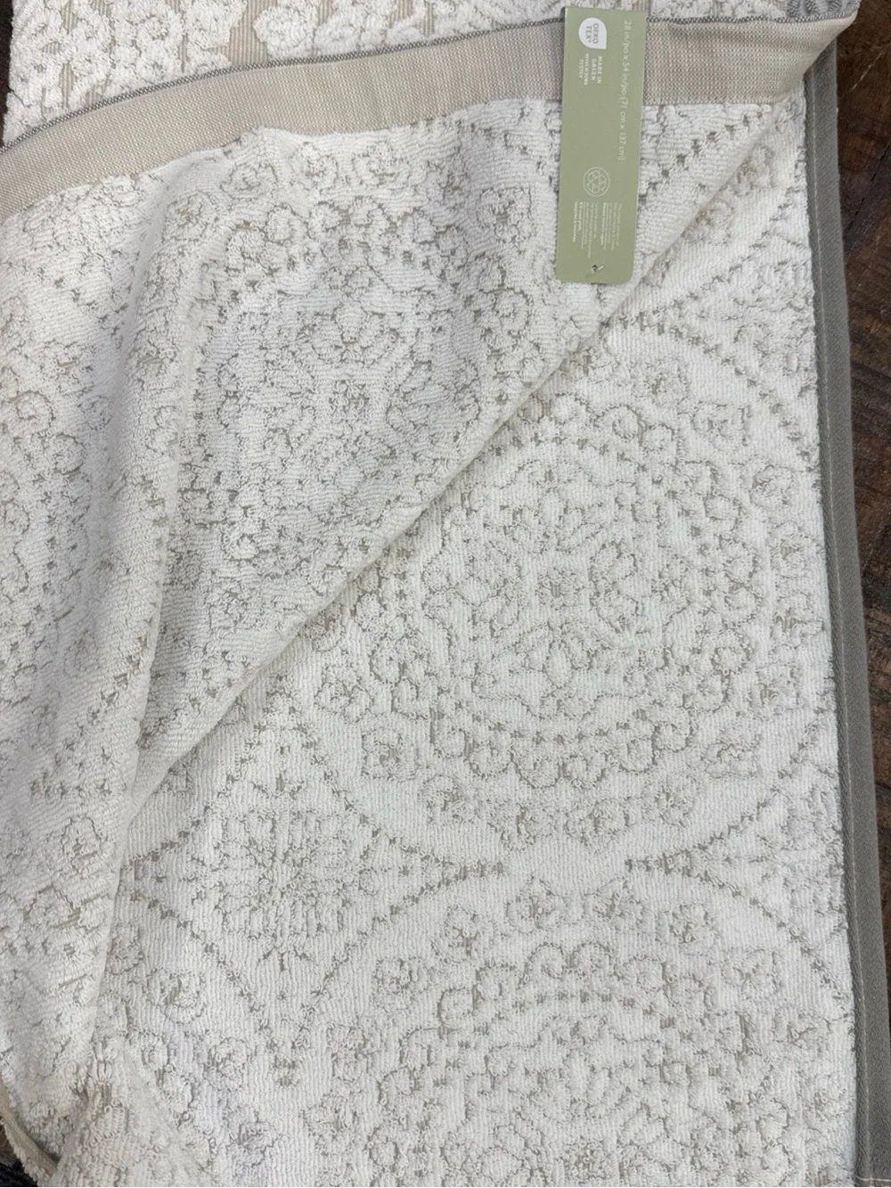 Peri Home Brenna Medallion White Grey Linen Color Bath Towel 28x54” Cotton NWT